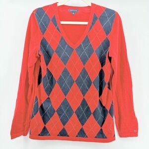 Tommy Hilfiger Sweater‎ Womens Medium Red and Black Argyle Sweater Long Sleeve